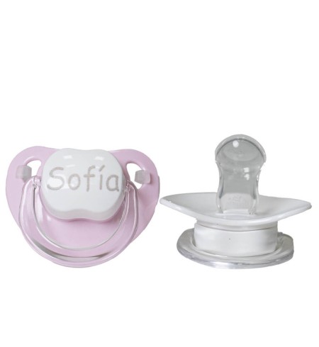 2 chupetes personalizados y guardachupetes rosa