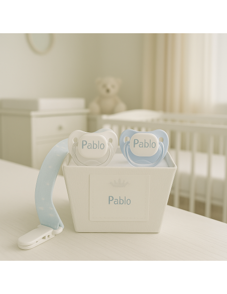 Pack Doudou und 2 personalisierte Schnuller mit dem Namen des Babys und Schnullerhalter