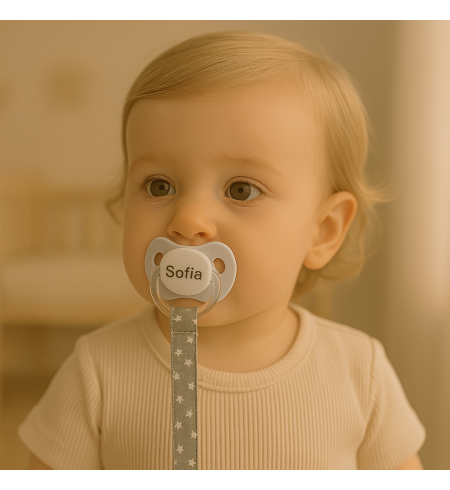 Geschenkkorb mit personalisiertem Schnuller und Zubehör für Neugeborene