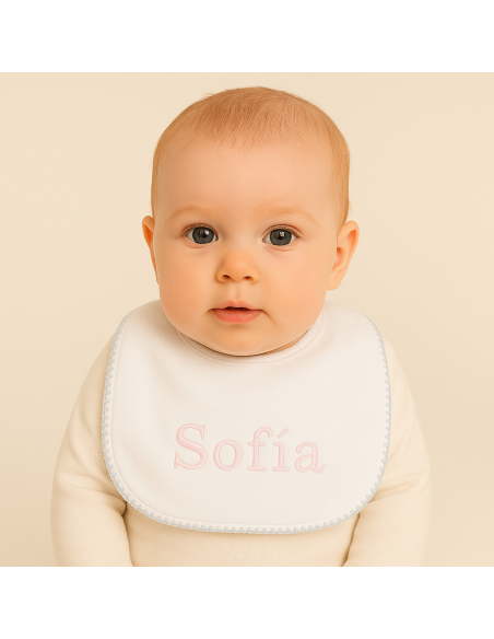 Set aus zwei personalisierten Schnullern und besticktem Lätzchen