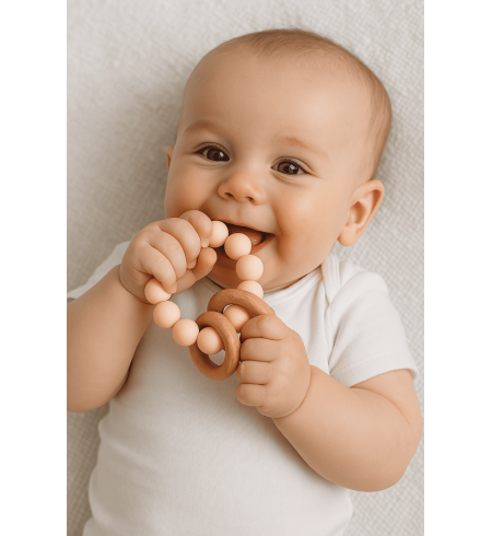 Ökologisches und organisches Geschenk für Babys mit 2 Musselintüchern, Beißring und rosa Schnuller