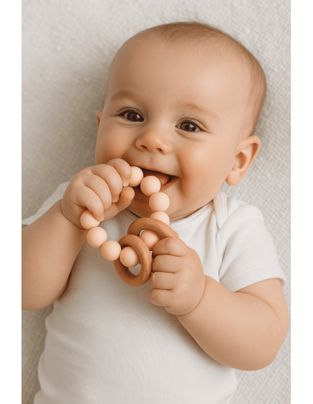 Ökologisches und organisches Geschenk für Babys mit 2 Musselintüchern, Beißring und rosa Schnuller