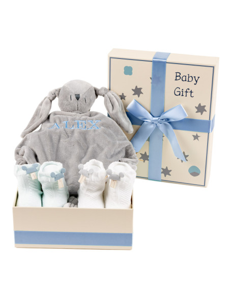 Geschenkbox für Babys mit besticktem Schmusetuch und Söckchen – Personalisierte Geschenkidee zur Geburt