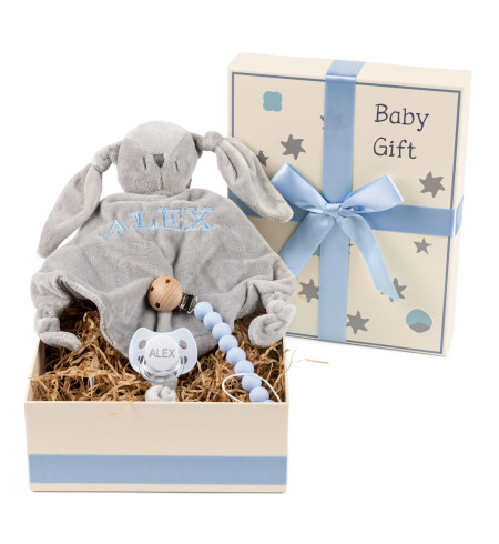 Geschenkbox mit Schnuller, Besticktem Schmusetuch und Silikonhalter – Perfekt für Babys