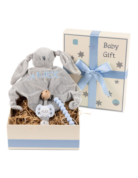 Geschenkbox mit Schnuller, Besticktem Schmusetuch und Silikonhalter – Perfekt für Babys