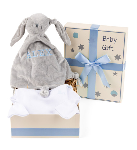 Geschenkbox mit Baumwollbody und personalisiertem Schmusetuch – Babykleidung & Accessoires