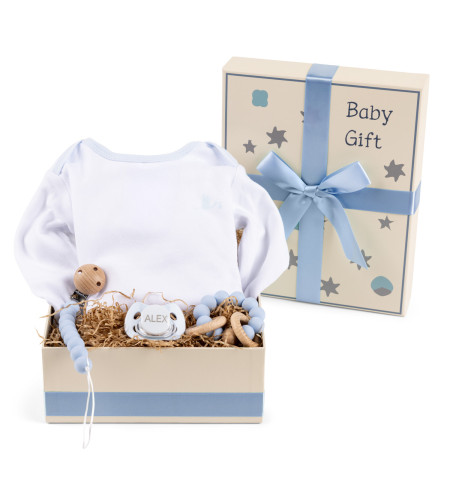 Geschenkbox mit Body, Schnuller, Beißring und Clip – Stilvolles Babyset für Mädchen