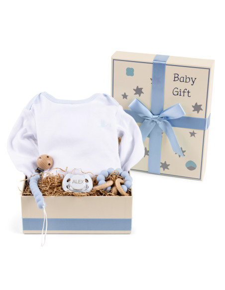 Geschenkbox mit Body, Schnuller, Beißring und Clip – Stilvolles Babyset für Mädchen