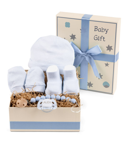 Geschenkbox mit Baumwoll-Set, Schnuller & Clip – Zartheit & Sicherheit für Baby