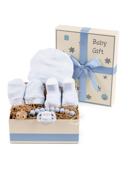 Geschenkbox mit Baumwoll-Set, Schnuller & Clip – Zartheit & Sicherheit für Baby