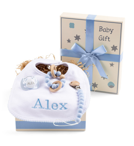 Geschenkbox mit Schnuller, Beißring & Besticktem Lätzchen – Für Mädchen