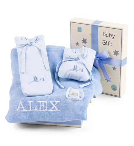 Geschenkbox mit Mulltuch, Schnuller & Hüllen – Baby-Set für Unterwegs