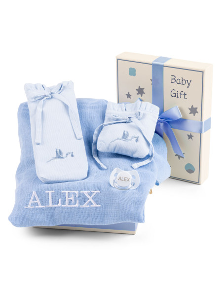Geschenkbox mit Mulltuch, Schnuller & Hüllen – Baby-Set für Unterwegs