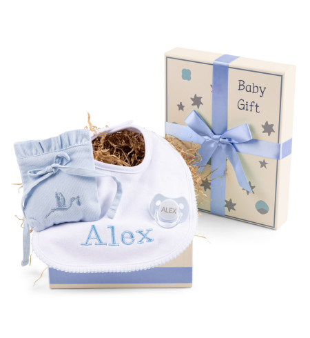 Geschenkbox mit Personalisiertem Lätzchen, Schnulleretui und Zubehör – Perfekt für Neugeborene
