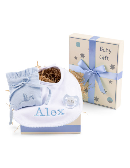 Geschenkbox mit Personalisiertem Lätzchen, Schnulleretui und Zubehör – Perfekt für Neugeborene