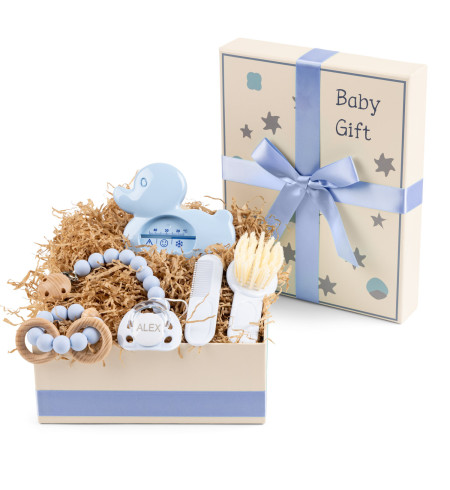 Geschenkbox mit Beißring, Bürste und Thermometer – Komplettes Pflege-Set für Neugeborene