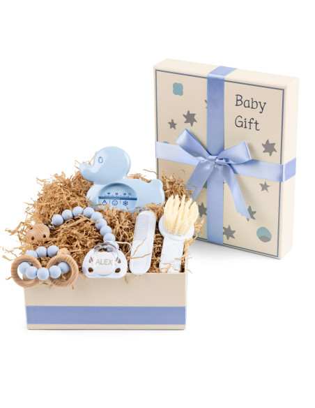 Geschenkbox mit Beißring, Bürste und Thermometer – Komplettes Pflege-Set für Neugeborene