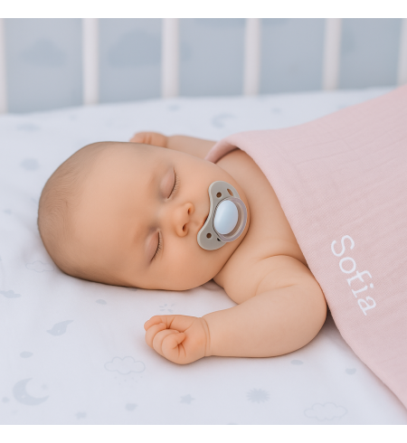 Ökologisches und organisches Geschenk für Babys mit 2 Musselintüchern, Beißring und rosa Schnuller