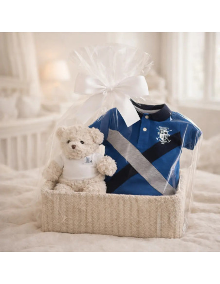 Hackett Babykorb mit Polo & Flagge | Stilvolles Geschenk zur Geburt – Bebedeparis.com