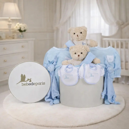Klassischer Baby-Geschenkkorb für Zwillinge | Elegantes Geschenk zur Geburt – Bebedeparis.com 2
