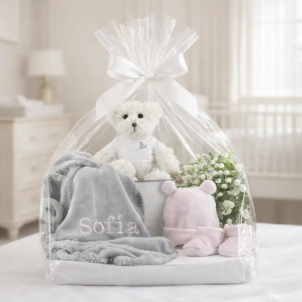 Babykorb mit bestickter Decke & Teddybär | Stilvolles Geschenk zur Geburt