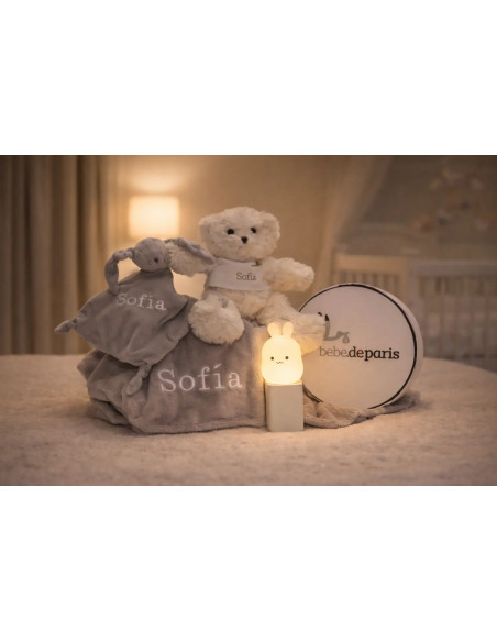 Nachtlicht + Teddybär + personalisiertes Doudou und bestickte Decke mit Babynamen