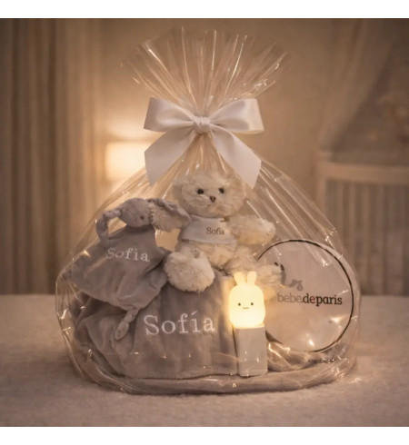 Nachtlicht + Teddybär + personalisiertes Doudou und bestickte Decke mit Babynamen