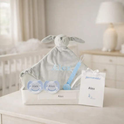 Pack Doudou und 2 personalisierte Schnuller mit dem Namen des Babys und Schnullerhalter 2