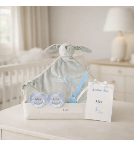 Pack Doudou und 2 personalisierte Schnuller mit dem Namen des Babys und Schnullerhalter