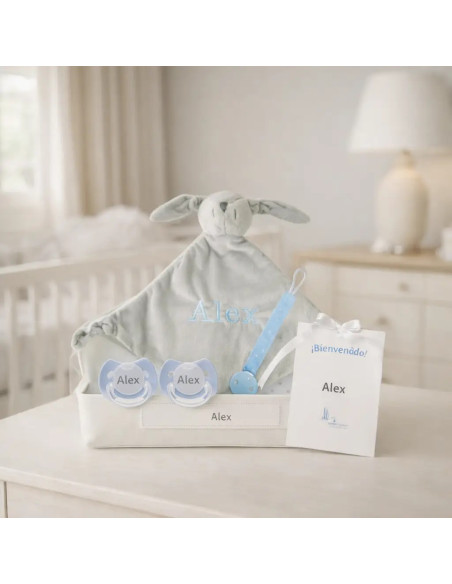 Pack Doudou und 2 personalisierte Schnuller mit dem Namen des Babys und Schnullerhalter