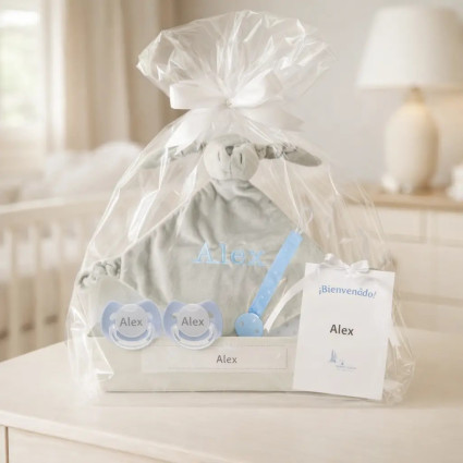 Pack Doudou und 2 personalisierte Schnuller mit dem Namen des Babys und Schnullerhalter