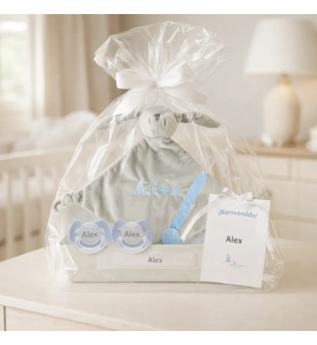 Pack Doudou und 2 personalisierte Schnuller mit dem Namen des Babys und Schnullerhalter