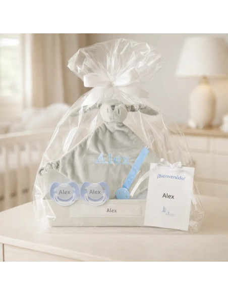 Pack Doudou und 2 personalisierte Schnuller mit dem Namen des Babys und Schnullerhalter