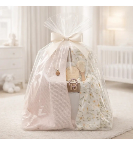 Sustainable baby gift: 2 muslin cloths, teether and pink pacifier clip