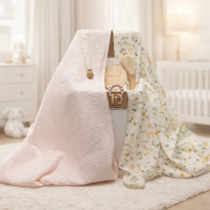 Sustainable baby gift: 2 muslin cloths, teether and pink pacifier clip 2