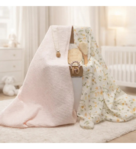 Sustainable baby gift: 2 muslin cloths, teether and pink pacifier clip