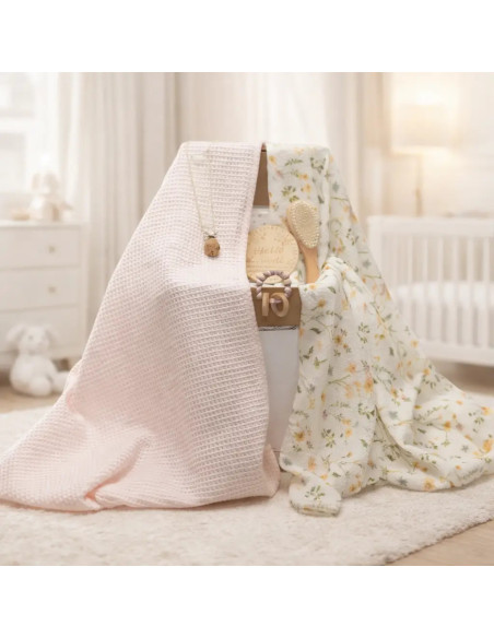 Sustainable baby gift: 2 muslin cloths, teether and pink pacifier clip