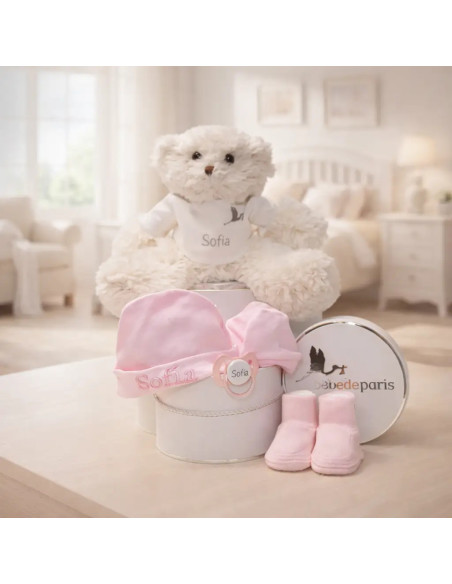 Set aus Mütze + Fäustlingen und personalisierten Babysöckchen + Schnuller mit Babynamen und Teddybär