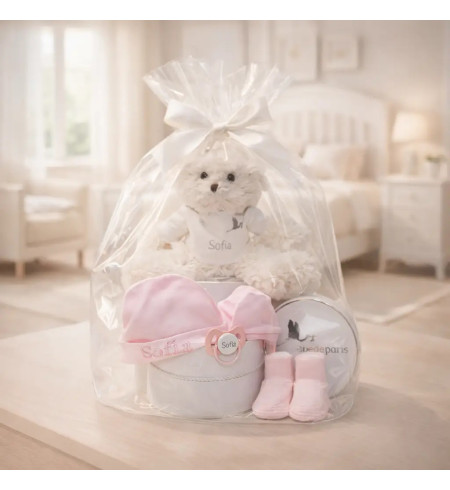 Set aus Mütze + Fäustlingen und personalisierten Babysöckchen + Schnuller mit Babynamen und Teddybär