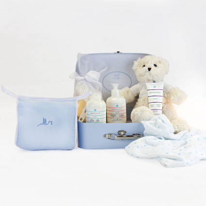 Koffer mit einem Set aus natürlichen Pflegeprodukten für Babys